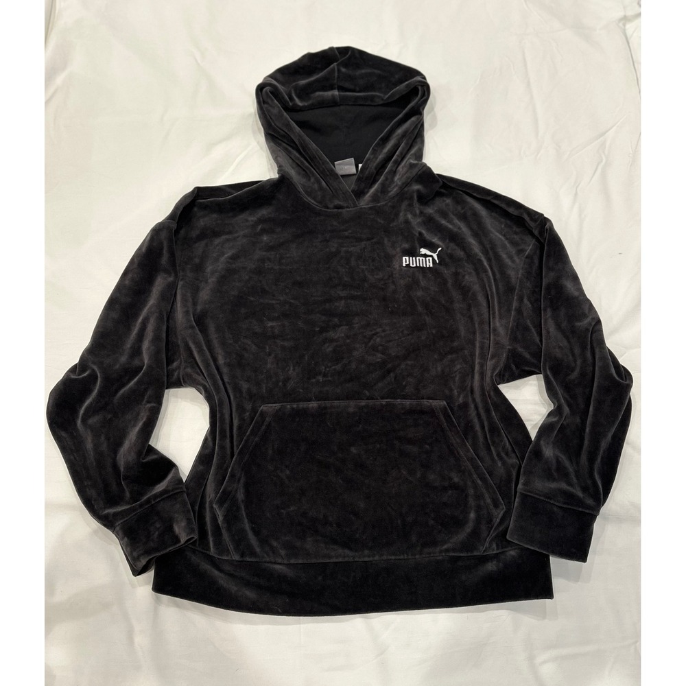 Puma Velour Hoodie Dark Gray Pullover Sweatshirt Womens Medium Y2K Streetwear